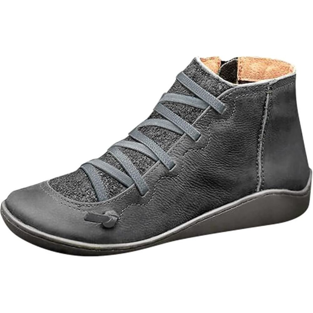 Women's Grey Leather Ankle Bootie - Casual Comfort